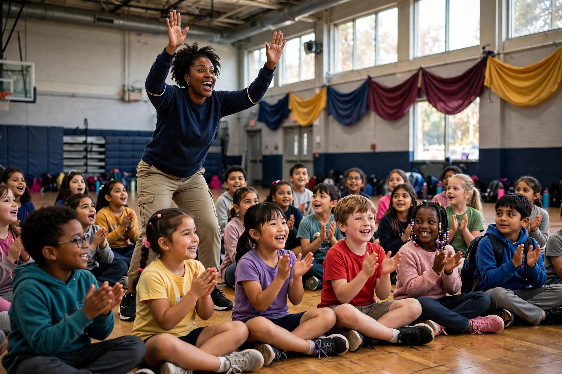 An instructor leading a joyful elementary school assembly as diverse children sit on the gym floor clapping along
