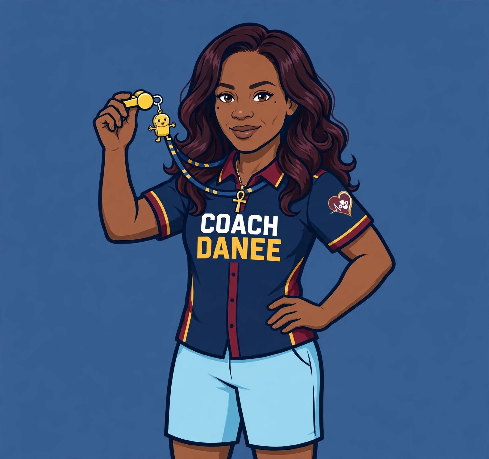 Coach Danee, the Response Crew's instructor — cartoon portrait in her navy Coach Danee shirt, holding Pep the whistle on a lanyard