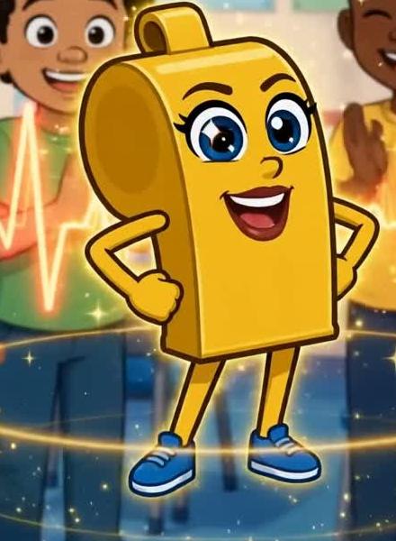 Pep the Whistle, the Response Crew's golden whistle mascot, wide awake and cheering with an EKG pulse line behind him