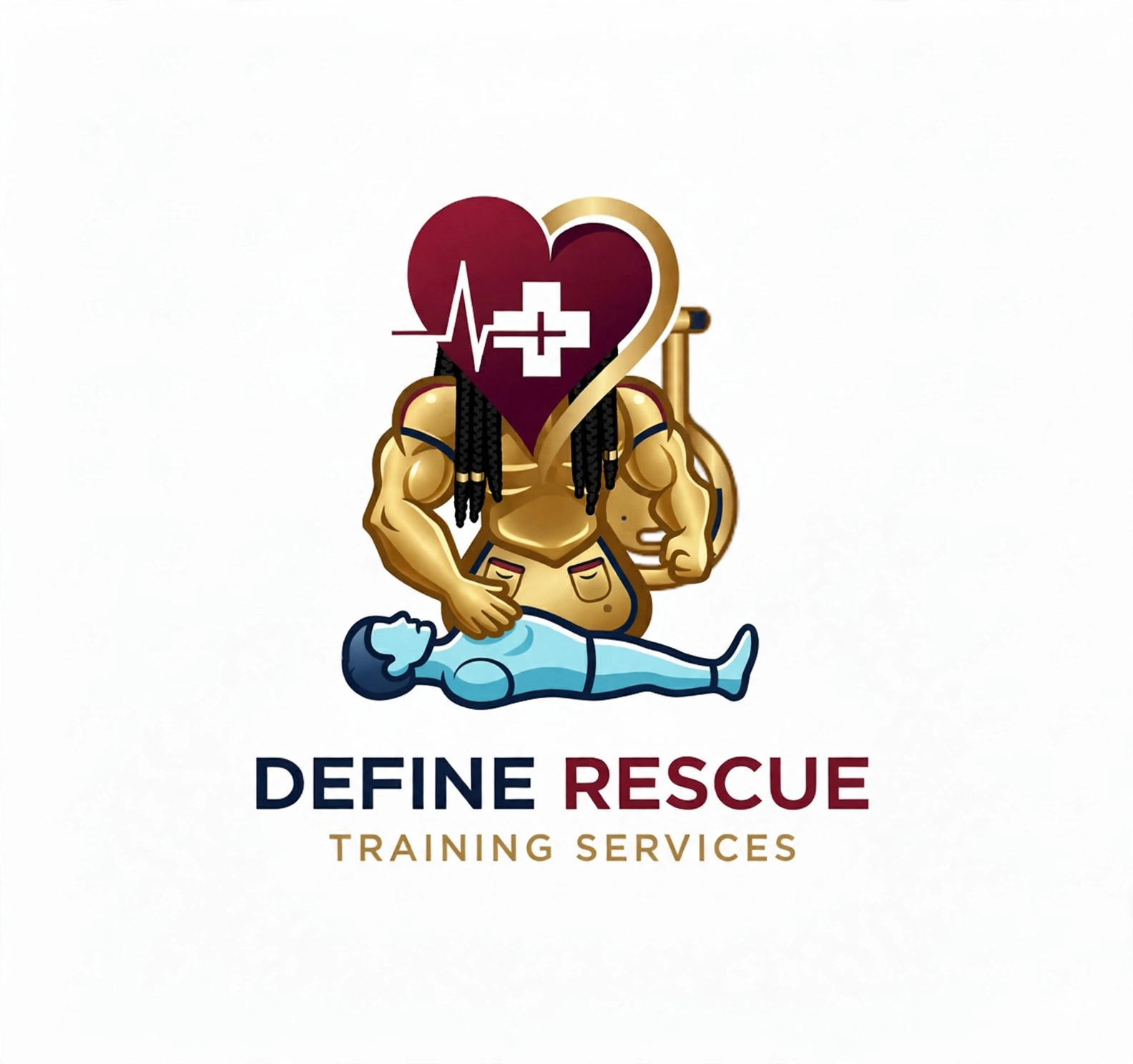 Press, the Response Crew's gentle giant in gold, performing chest compressions on a training manikin, his face hidden behind a burgundy heart emblem