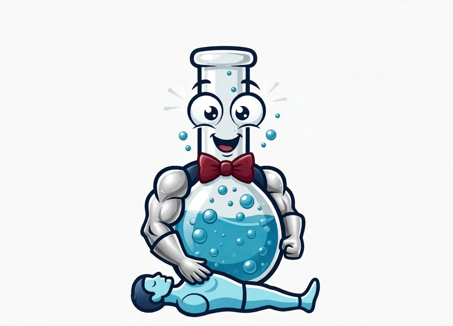 Professor Pulse, the Response Crew's flask hero — a bubbling teal-blue science flask with silver arms and a burgundy bow tie, performing chest compressions on a training manikin