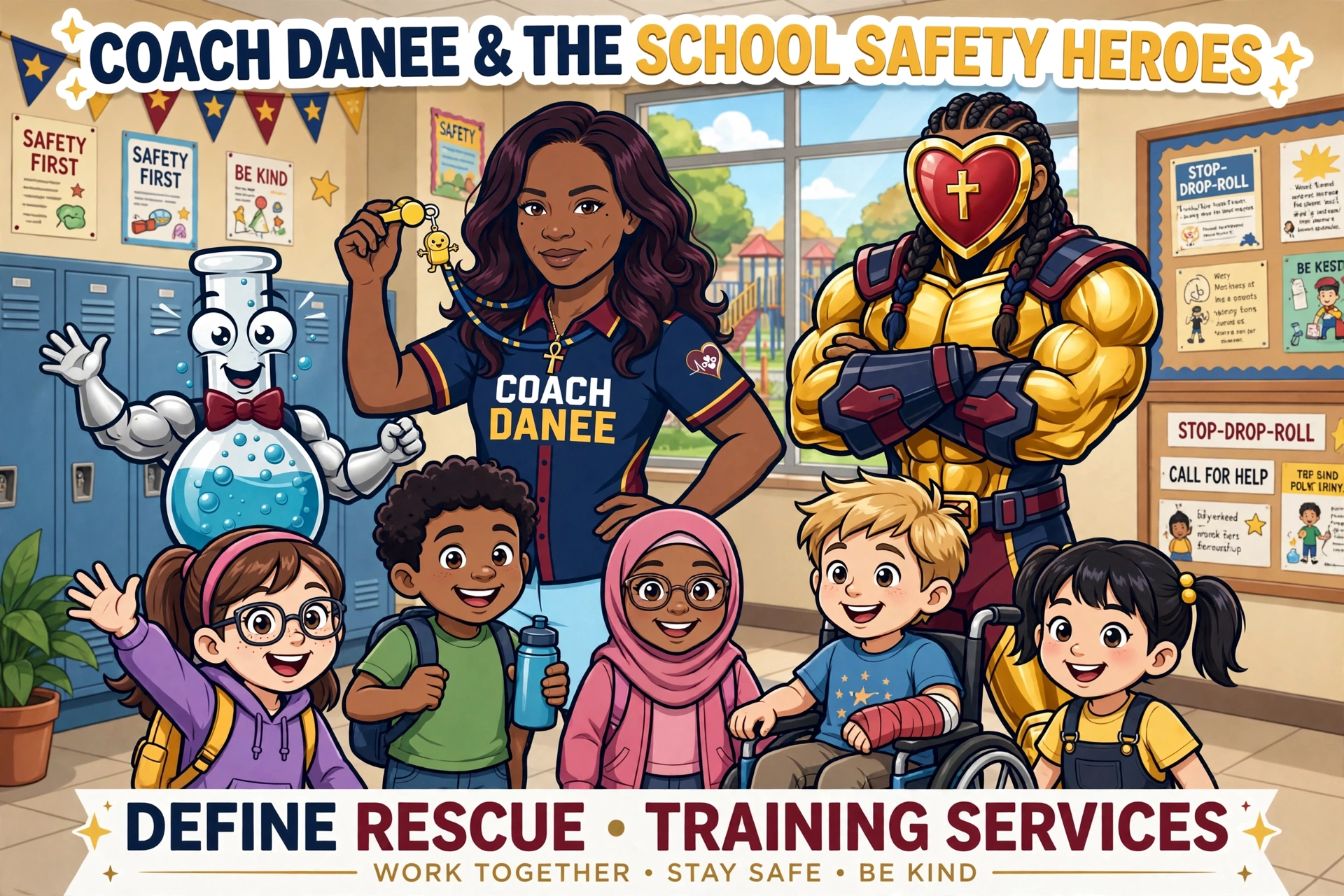 The Response Crew team poster — Coach Danee holding Pep the Whistle, with Professor Pulse, the bubbling teal-blue flask hero with silver arms and a burgundy bow tie, on one side and Press, the gentle giant in gold with his face behind a burgundy heart, on the other, standing with diverse schoolchildren in a school hallway